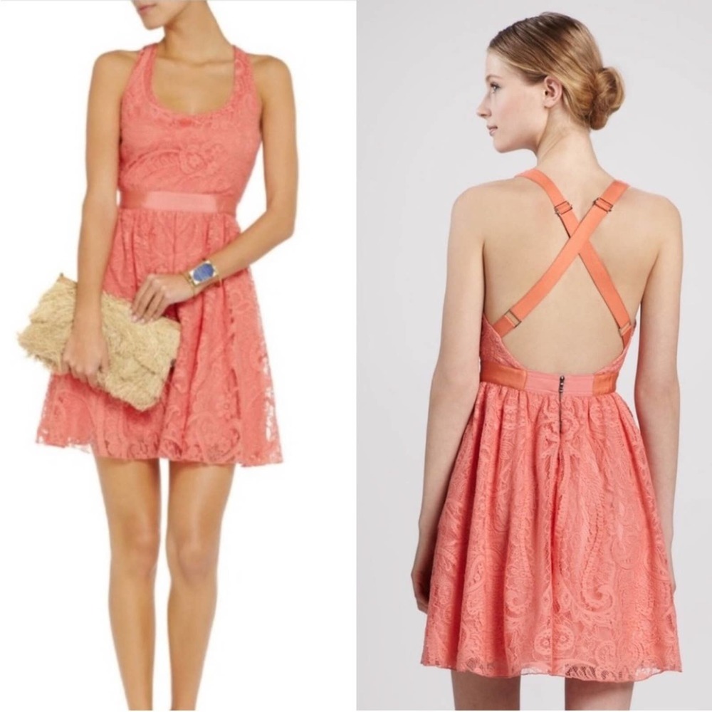 NEW Alice + Olivia Salmon Pink Lace Odette Cross Back Sleeveless Dress Medium